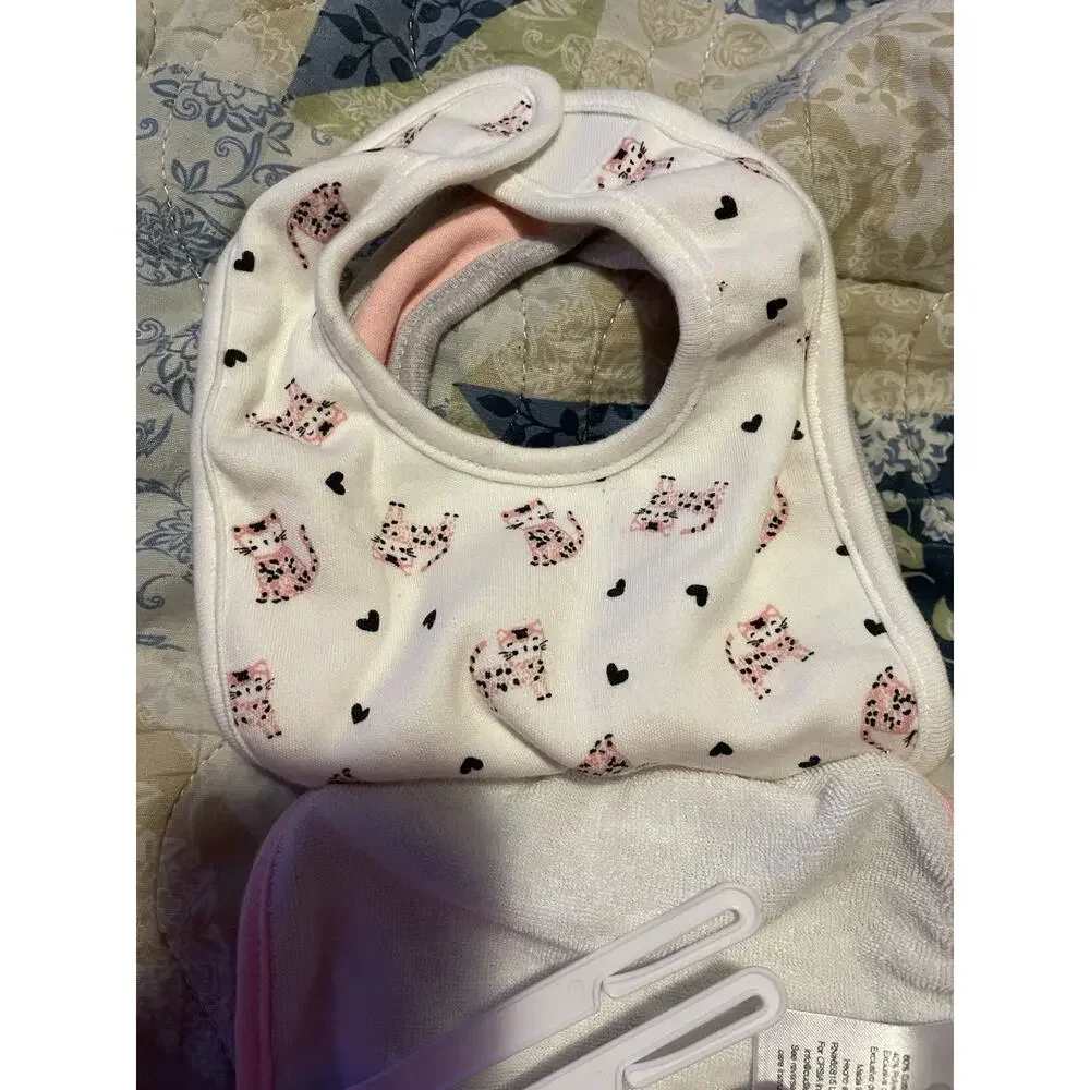 Baby Girl Bib Set 3 Pack Cute Kitty Cat Pink Gray Soft Feeding Bibs Infant Nwt